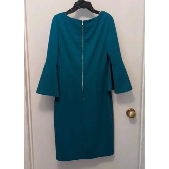 Calvin Klein, Blue/Teal Back Zip Sheath Dress with Bell Sleeves, Size 8 - Picture 3 of 8